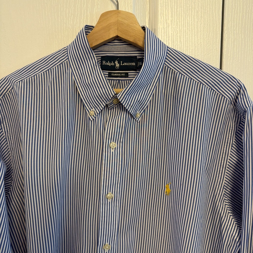 Ralph Lauren Men's "Classic Fit" Button Down Shirt Blue & White Stripes Size XL